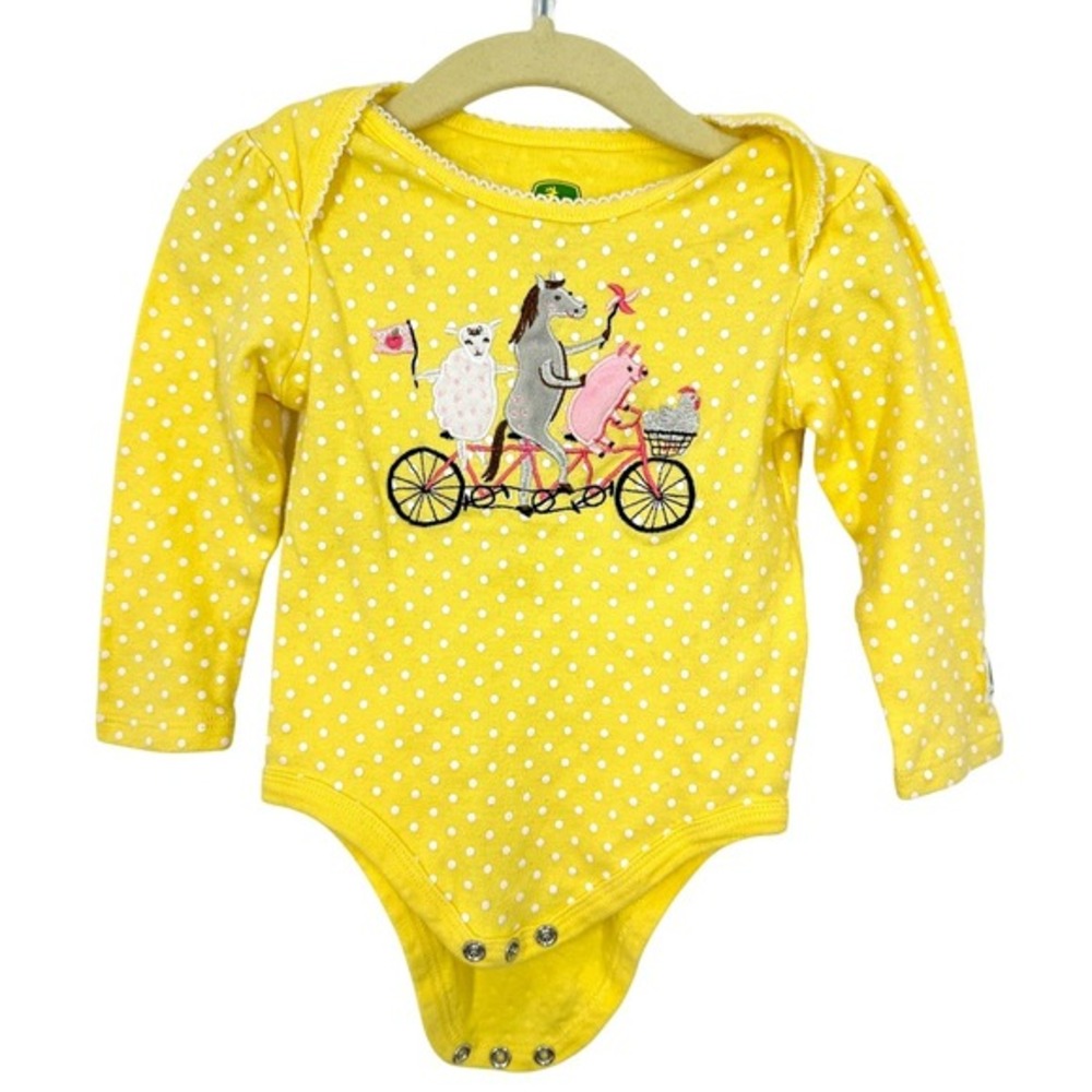 John Deere Baby Girls Yellow Polka Dot‎ Farm Animal Bike Long Sleeve Bodysuit 6M